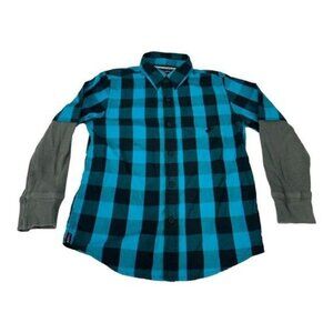 Tony Hawk Mens XL Plaid Button-Up Shirt W/ Thermal Sleeves Black & Teal